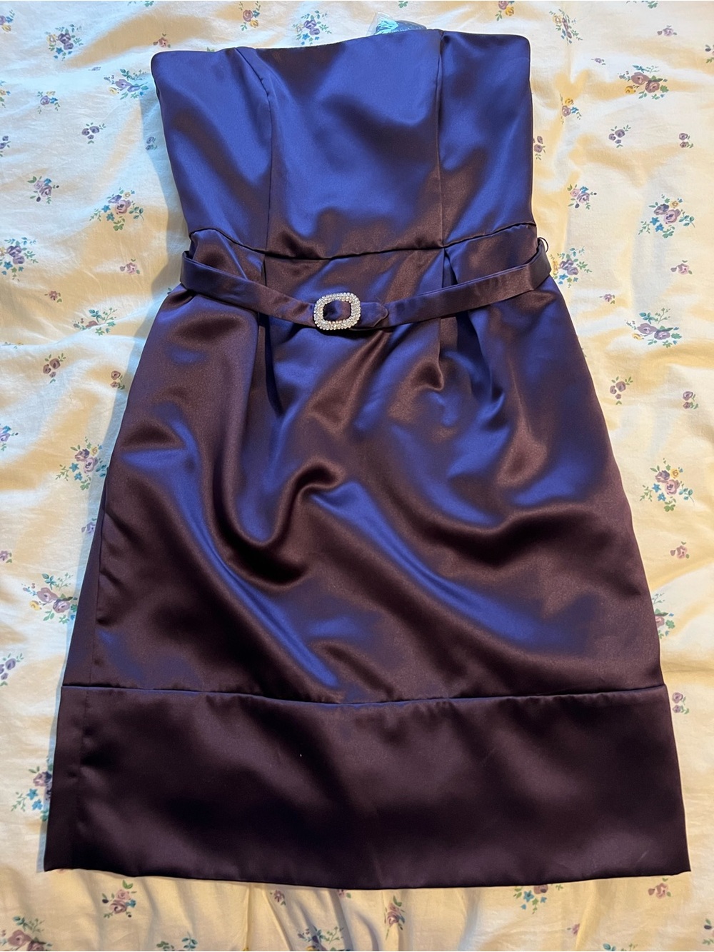 After Six Strapless Satin Cocktail Dress in Deep Purple with Rhinestone Buckle